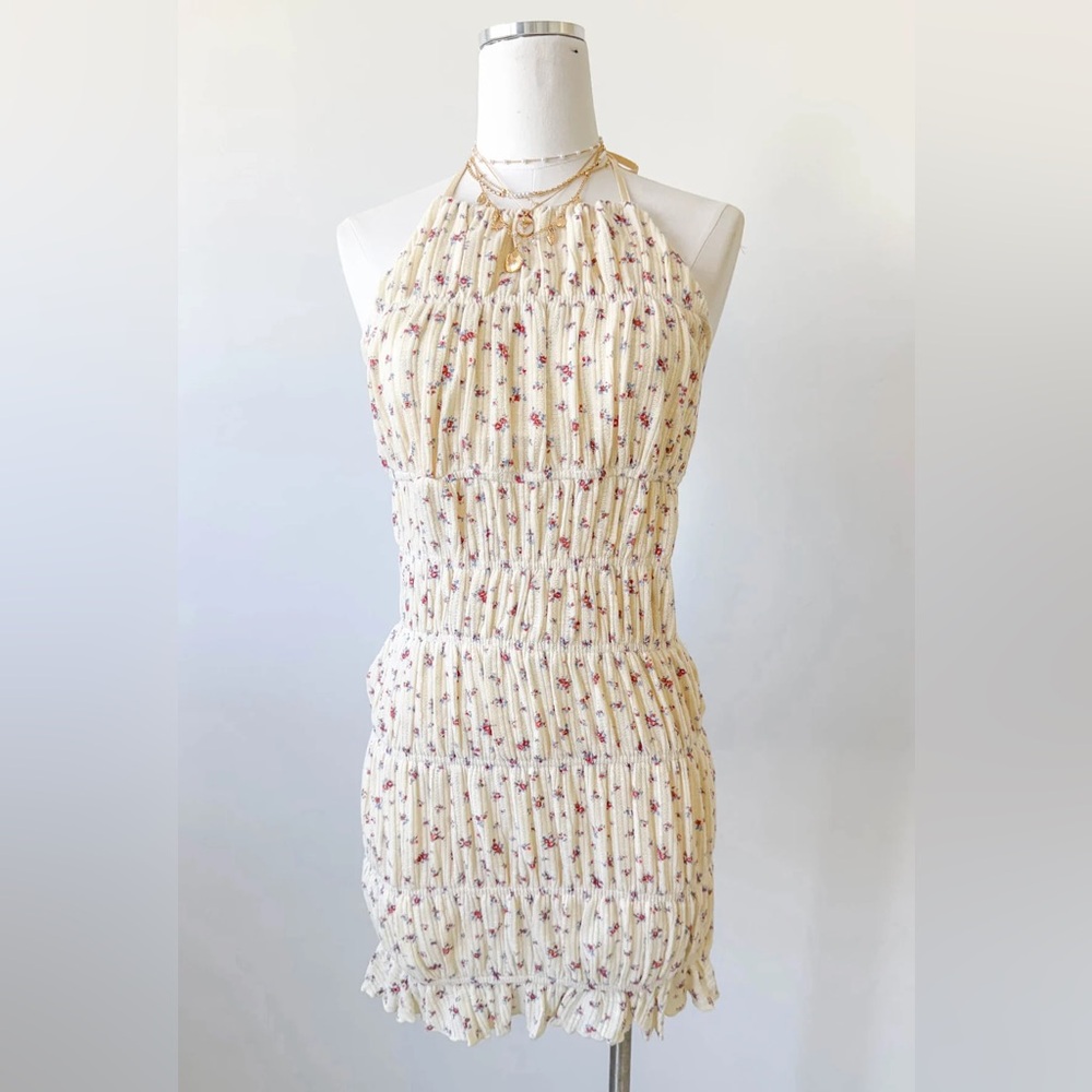 Floral Cream knit open tie back Halter Dress